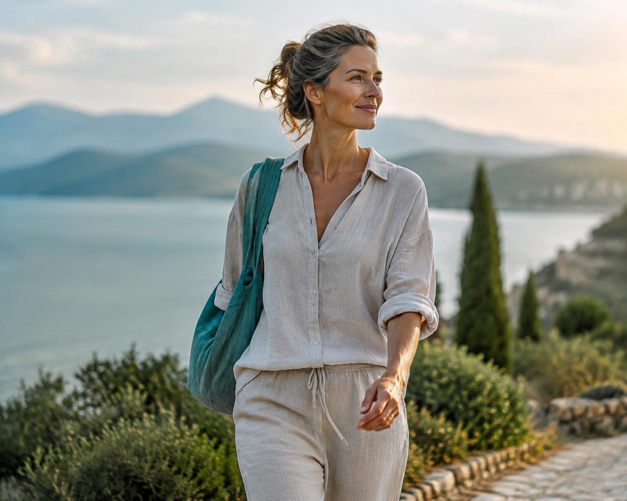 Woman walking outdoors in morning light